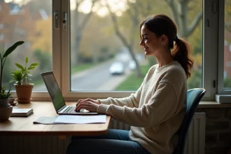 Jeune femme travaillant sur son ordinateur à la maison