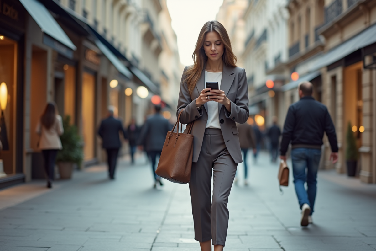 Femme élégante marchant dans une rue commerçante urbaine