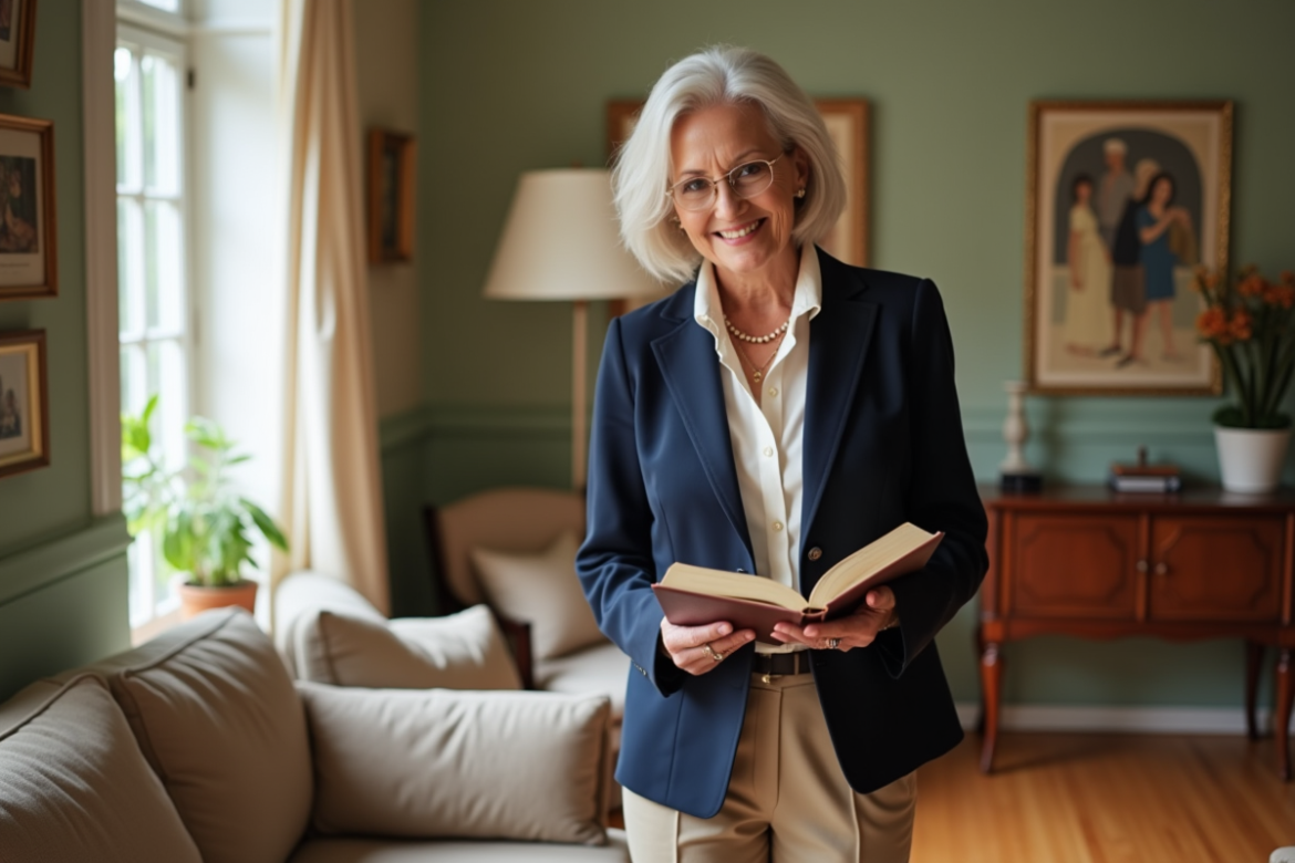 Femme de 65 ans en blazer lisant dans un salon lumineux