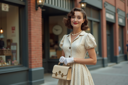 Jeune femme élégante en robe à pois des années 50 souriant