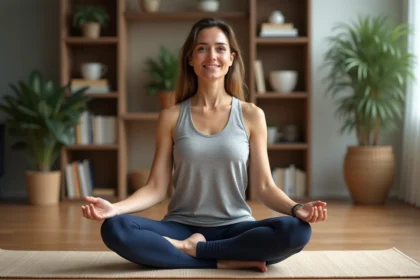 Femme en position Sukhasana dans un intérieur moderne