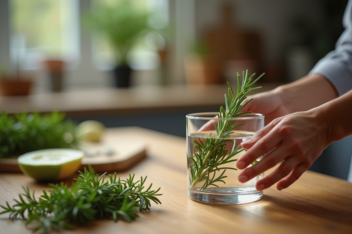 Mains déposant des feuilles de rosemary dans l'eau en cuisine