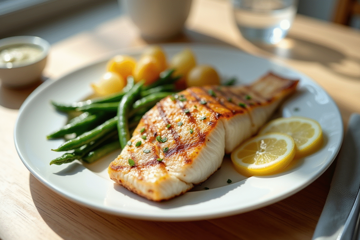 Filet de poisson blanc grillé avec citron et légumes