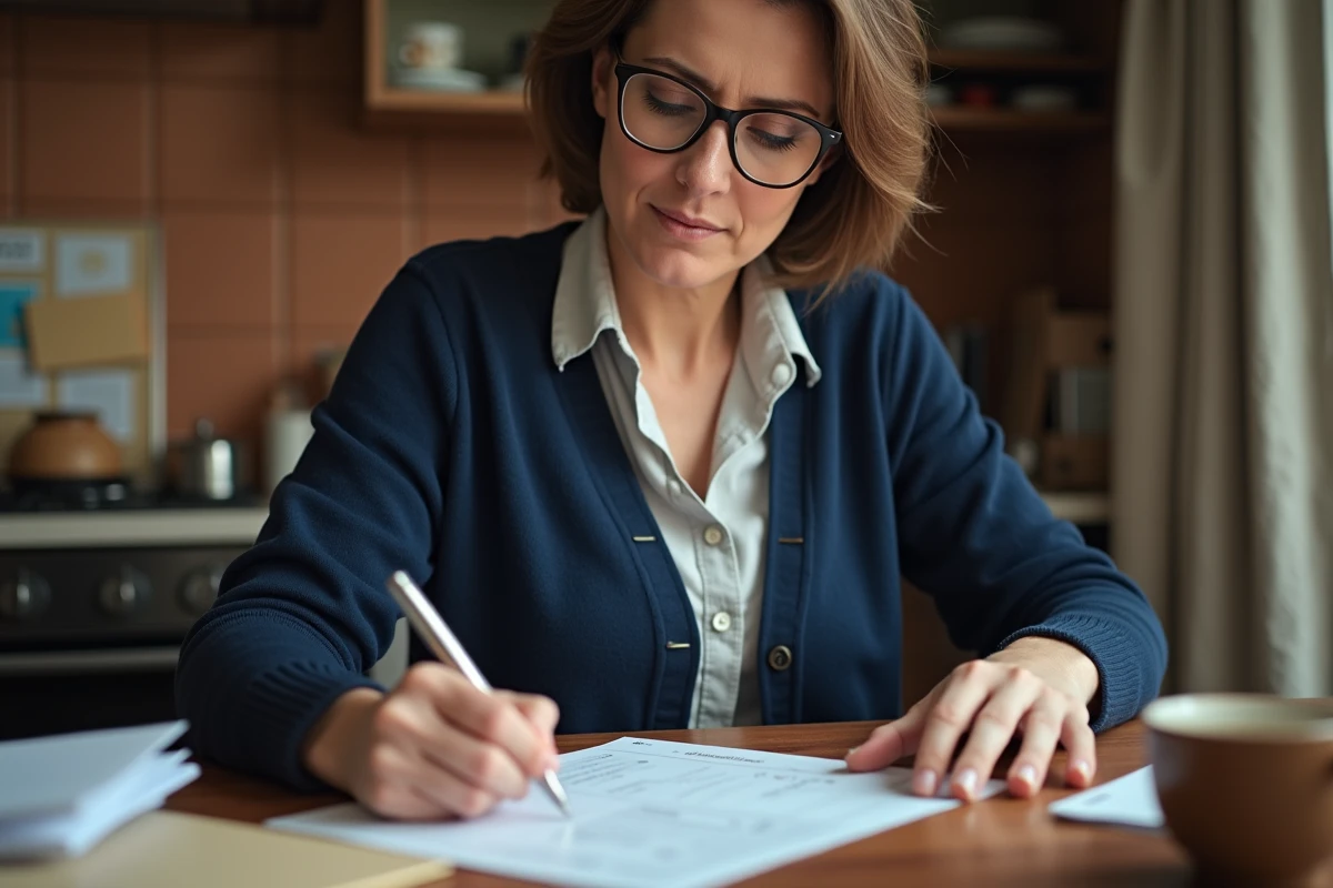 Femme remplissant un formulaire de changement d'adresse La Poste à la table de cuisine, entourée de courrier