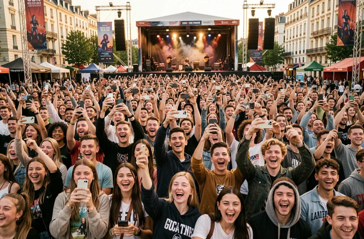 Foule de fans lors d'un concert de rap français en plein air, représentant le succès phénoménal et la popularité de Jul auprès du public
