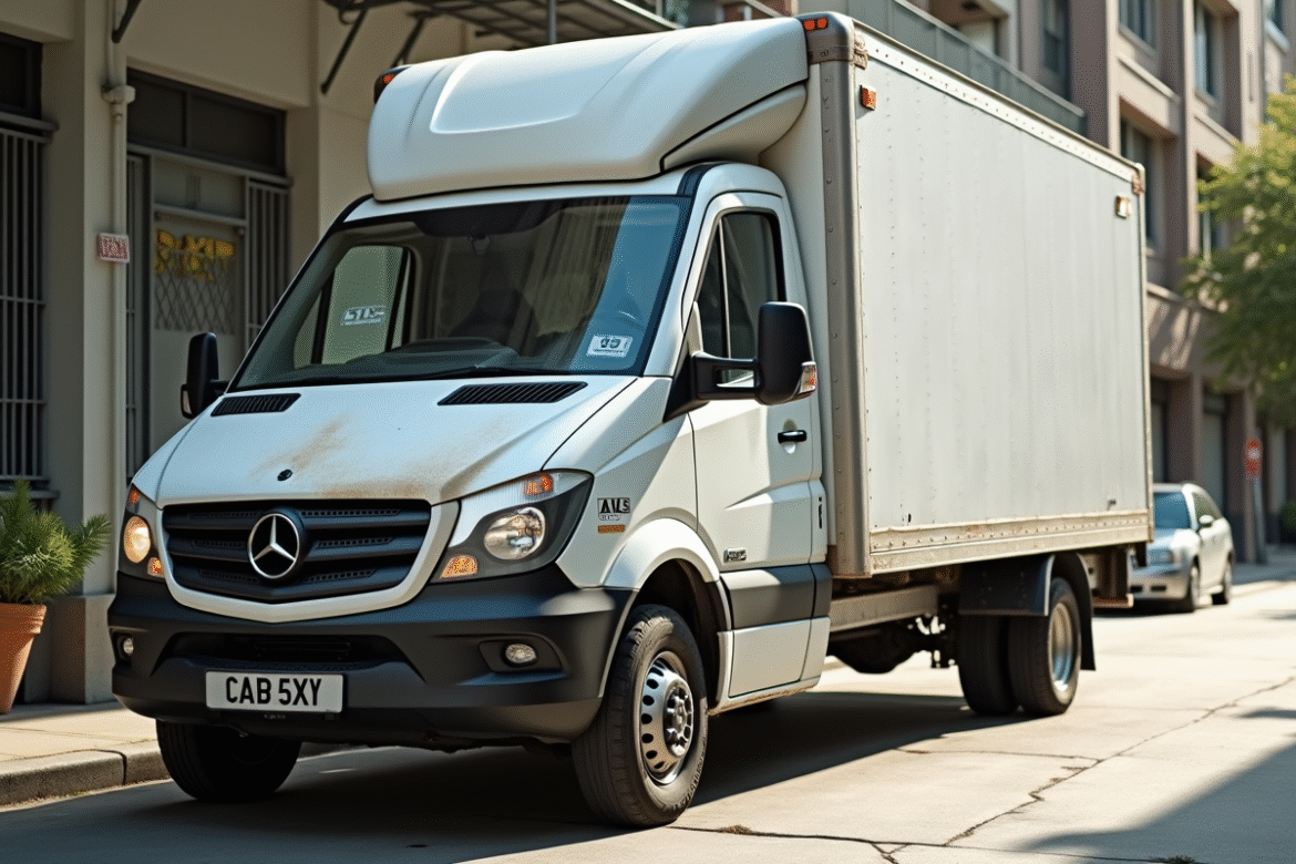 Fourgonnette blanche d'occasion en parking urbain ensoleille