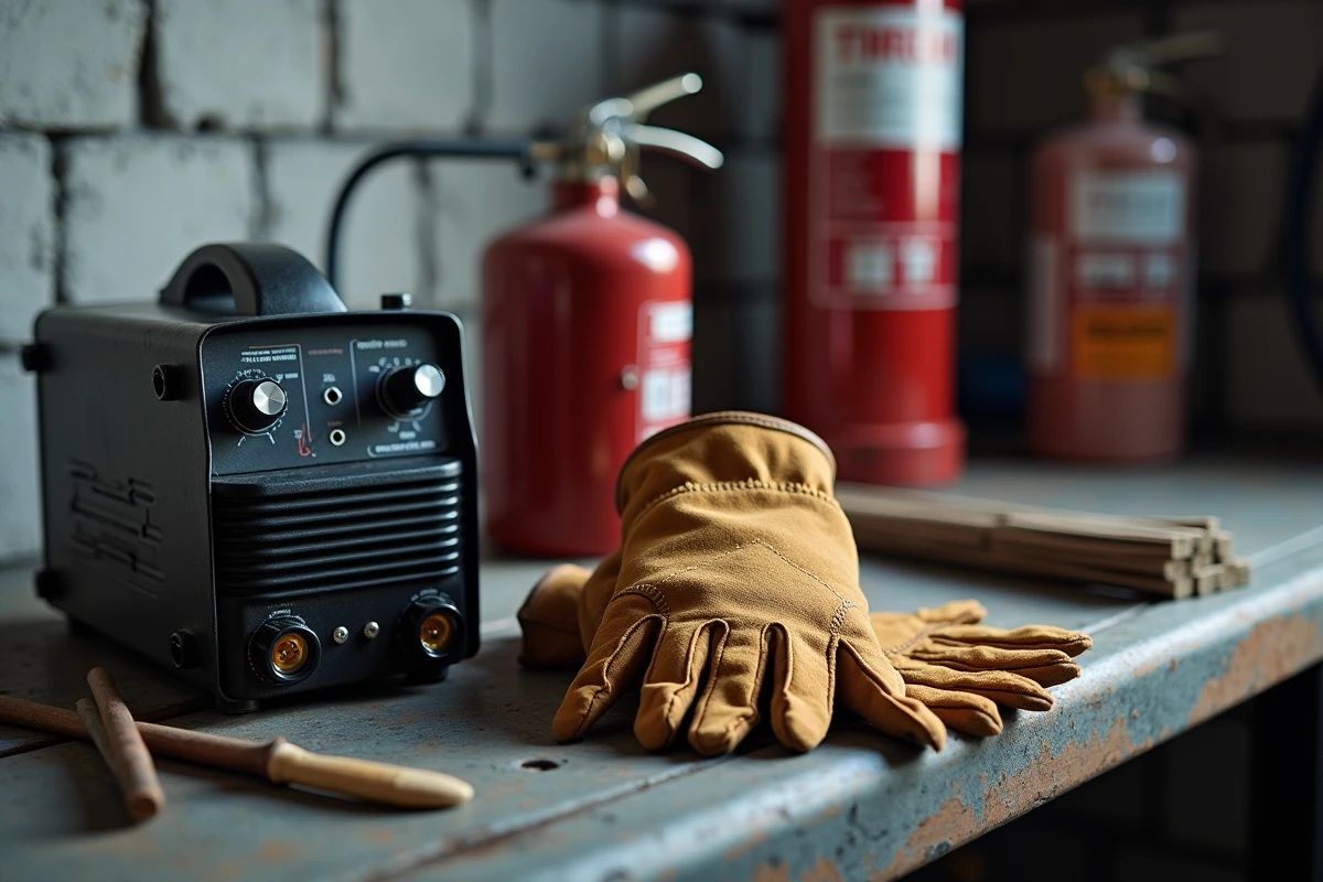 Gants de soudure en cuir, poste à souder inverseur et équipements de sécurité disposés sur un établi d'atelier maison