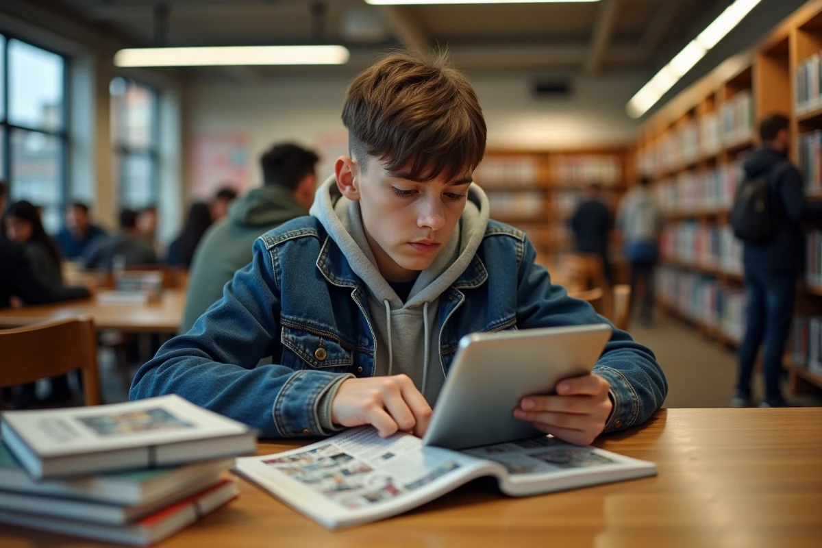 Garçon étudiant cherchant manga sur tablette à la bibliothèque