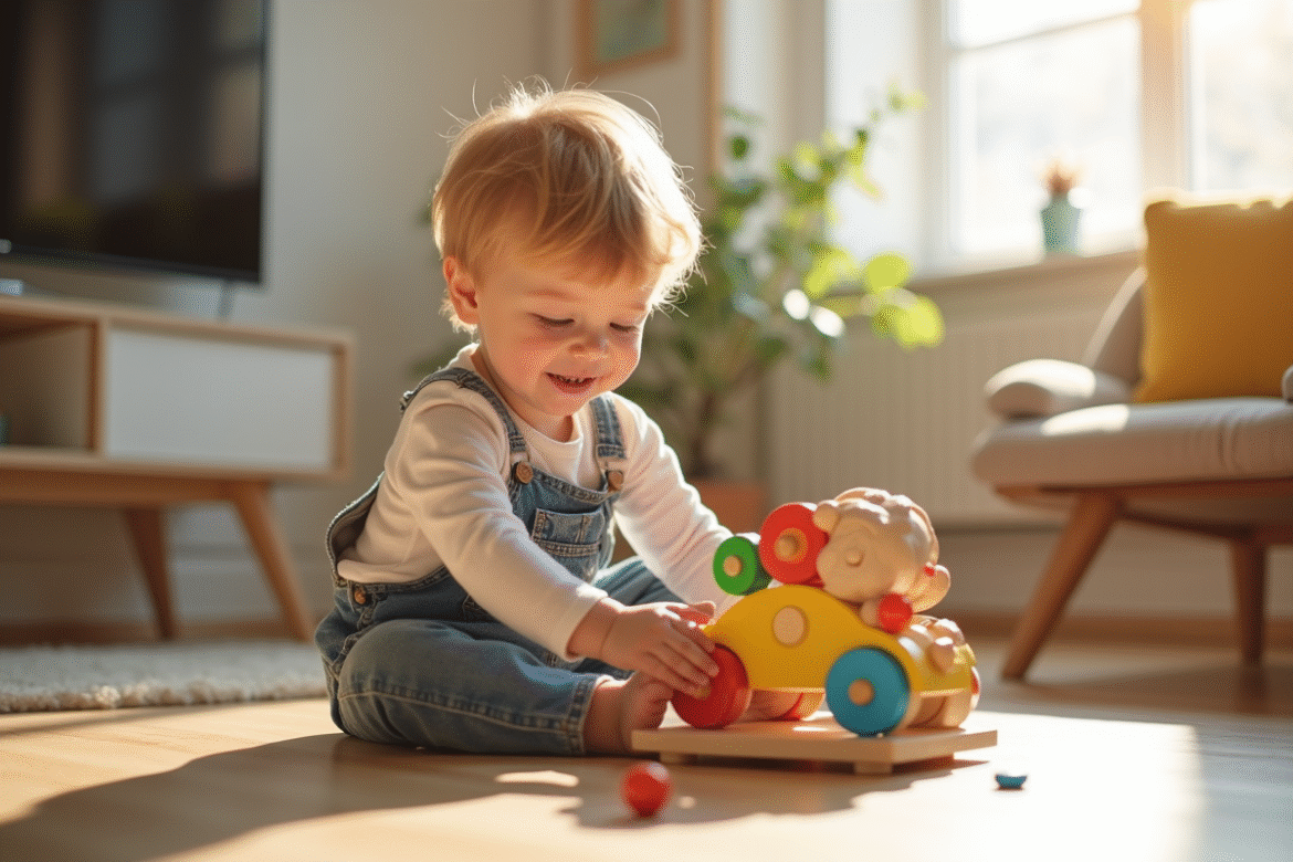 Garçon de 3 ans jouant avec un jouet éducatif coloré