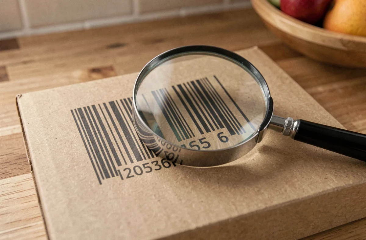 Gros plan d'un code-barres de produit alimentaire avec loupe révélant les chiffres du pays d'origine sur un comptoir en bois