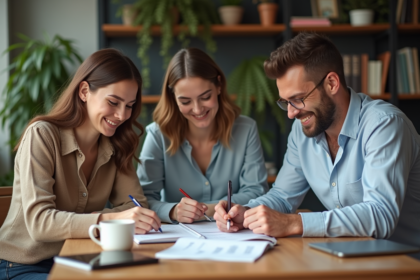 Trois adultes souriants autour d'une table avec reçus et carnet