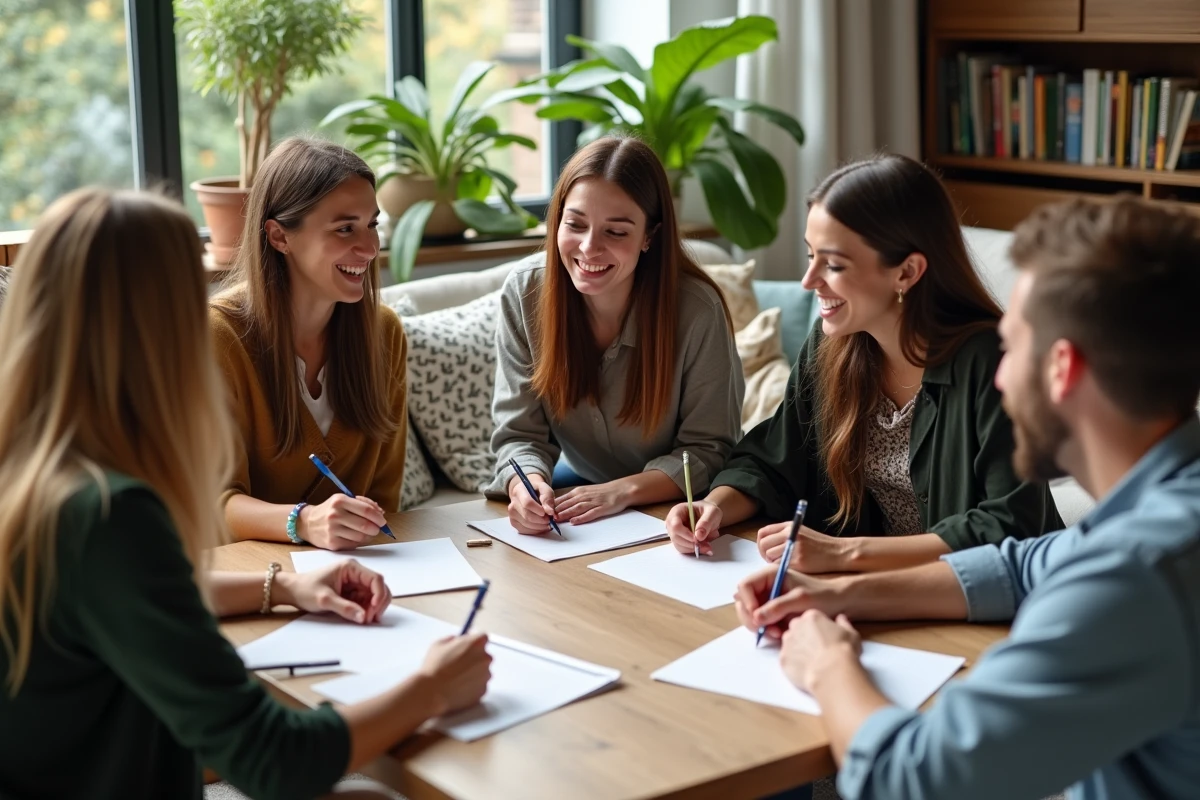 Quatre amis jouent à un jeu de mots dans un salon lumineux et chaleureux