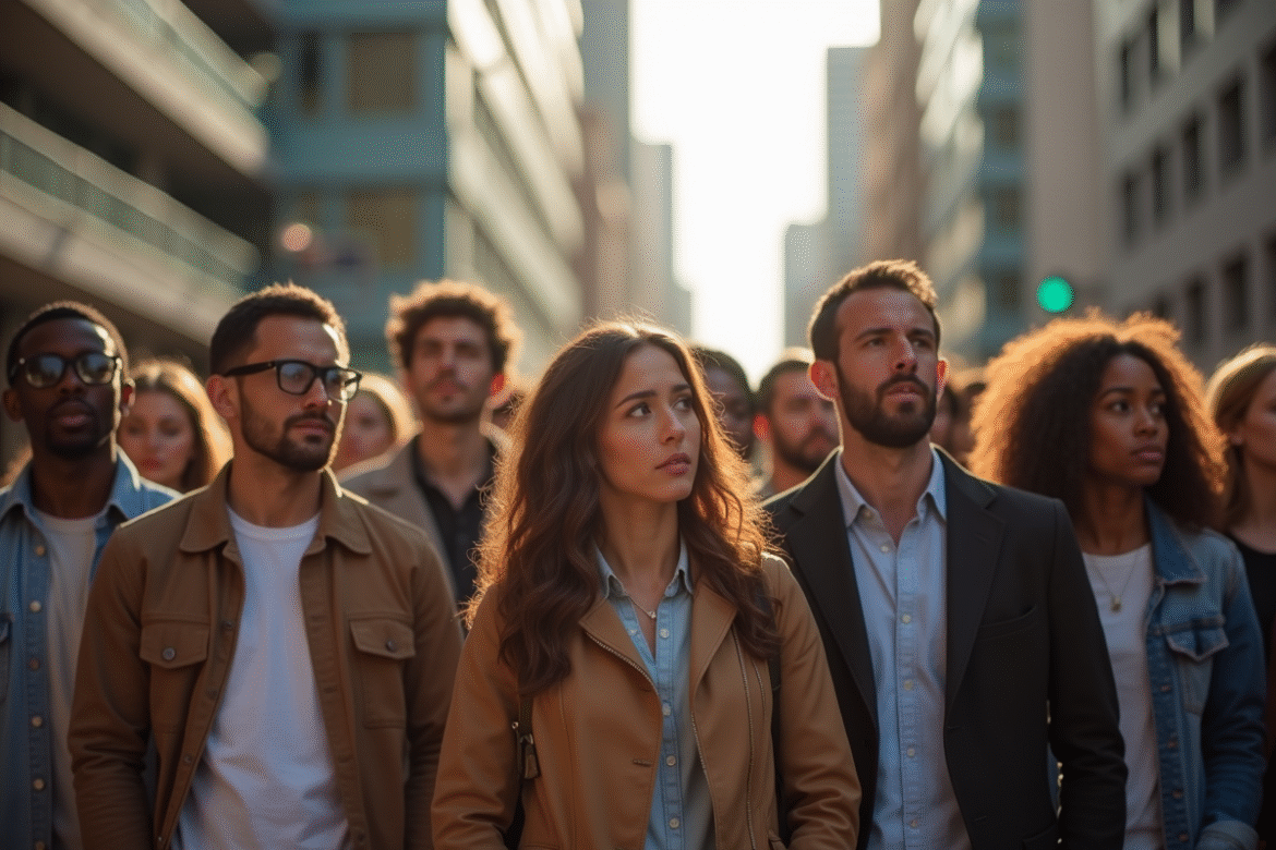 Groupe diversifié dans la ville avec des visages pleins d'espoir