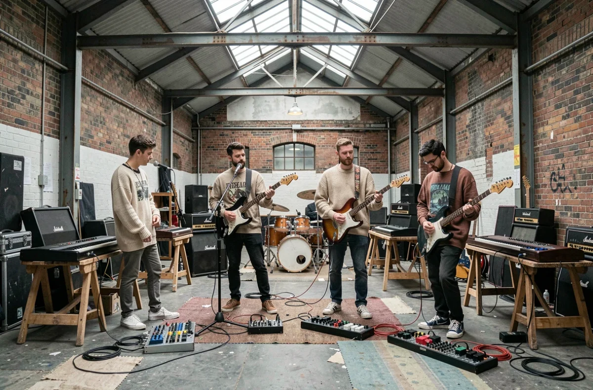 Groupe de musique indie anglais en répétition dans un studio warehouse industriel à East London
