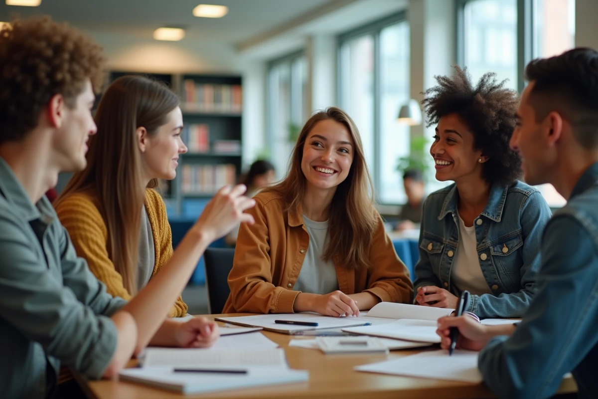 Groupe de jeunes adultes discutant dans une salle d