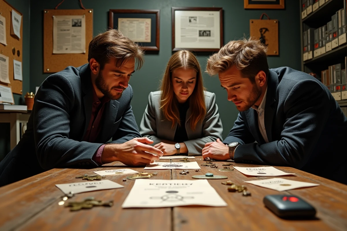 Groupe de joueurs résolvant des énigmes ensemble autour d'une table dans un escape room thématique avec guide de solution imprimé