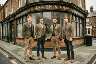 Groupe musical anglais en veste tweed devant un pub victorien londonien typique