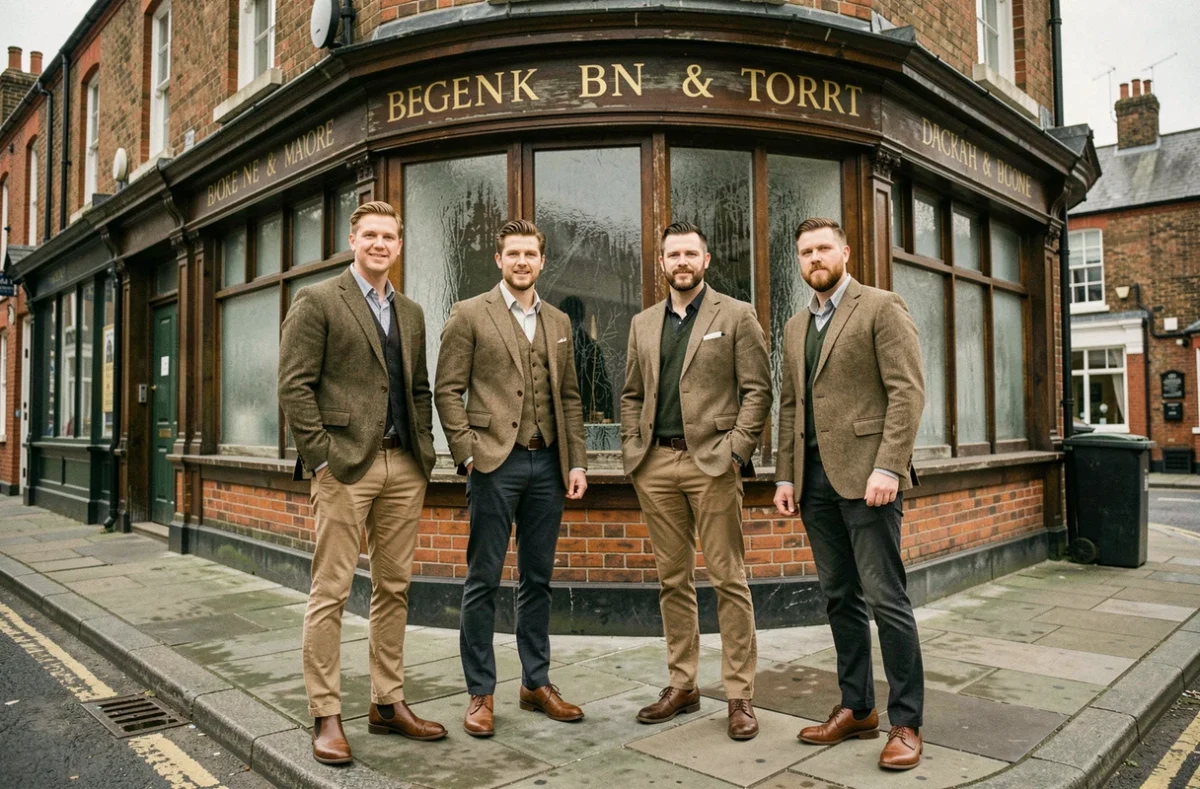 Groupe musical anglais en veste tweed devant un pub victorien londonien typique