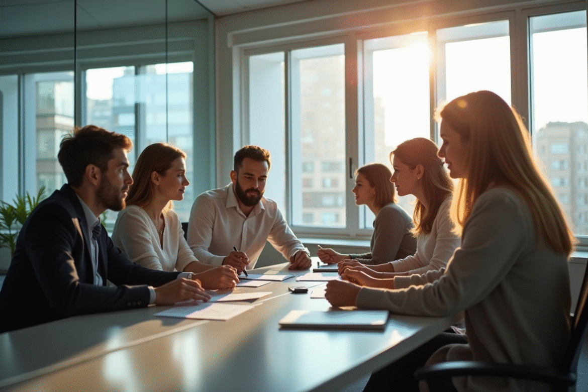Groupe de professionnels travaillant ensemble dans un bureau lumineux