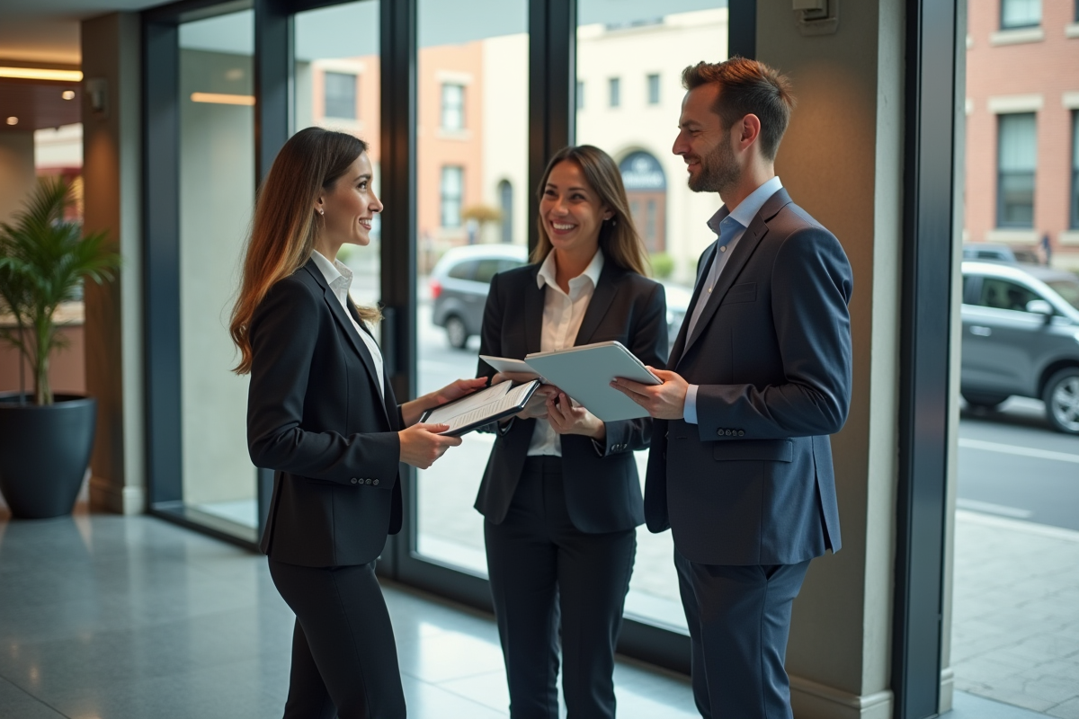 Groupe de professionnels discutant dans le hall d un bâtiment rénové