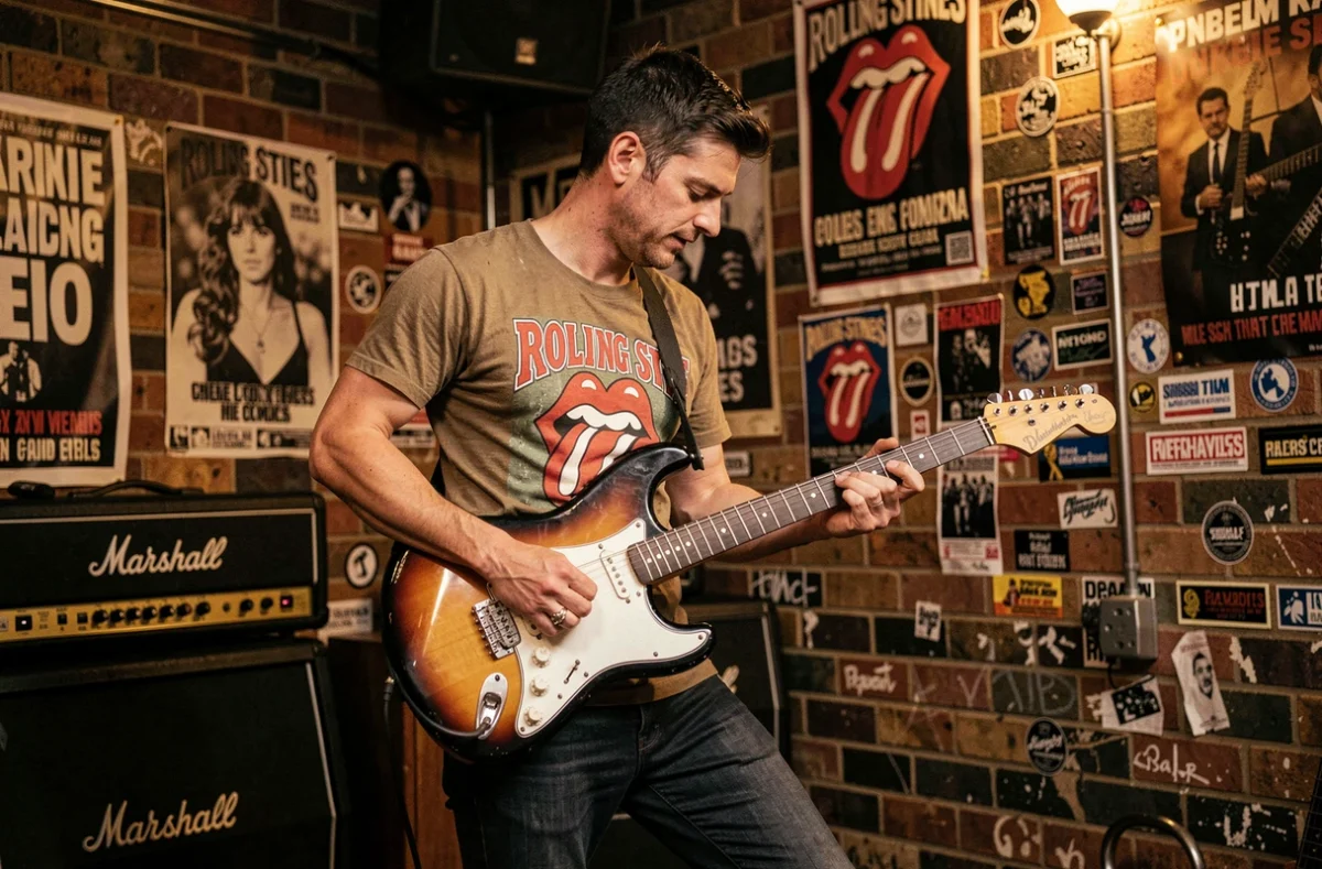 Guitariste britannique sur scène dans un club de musique londonien avec ampli Marshall vintage