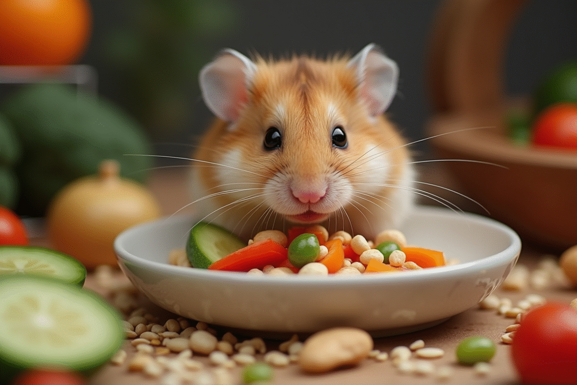 Hamster russe mangeant un mélange de légumes frais