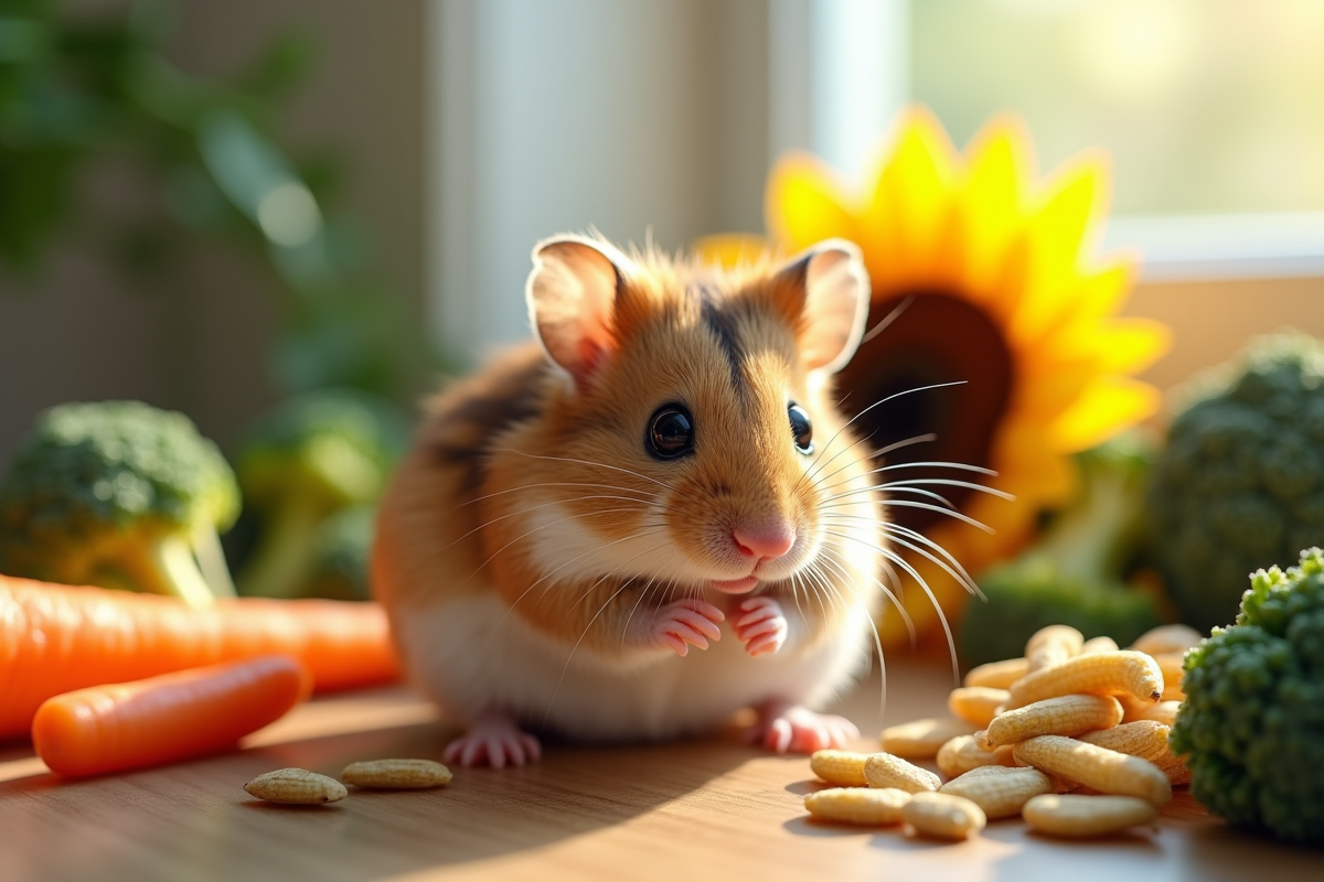 Hamster russe avec nourriture saine sur une table en bois