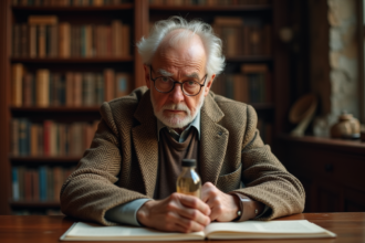 Historien âgé examinant une bouteille ancienne dans une bibliothèque