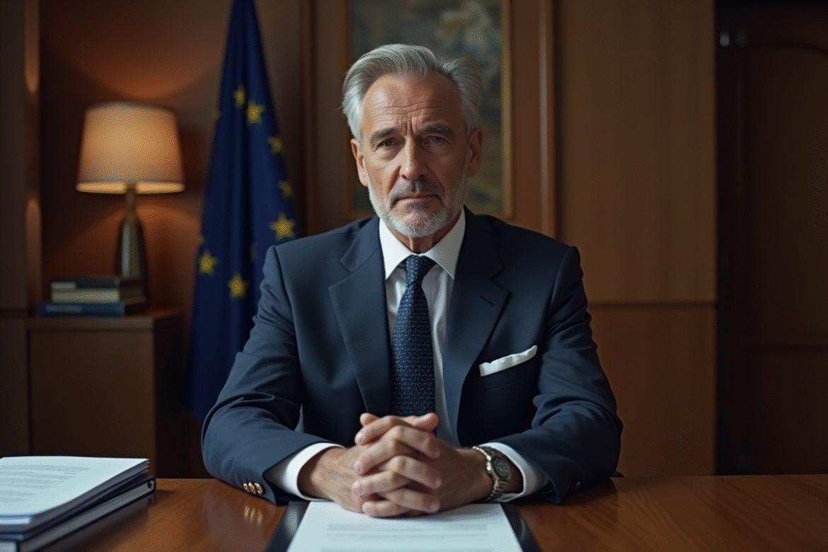 Homme d'affaires en costume bleu dans un bureau élégant