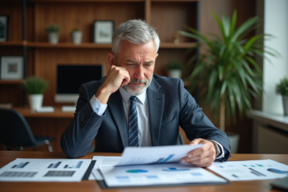 Homme d'affaires en costume examine des documents immobiliers
