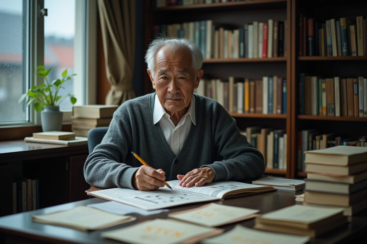 Homme âgé japonais consultant des encyclopédies de géographie pour trouver une ville de 5 lettres dans des mots-croisés