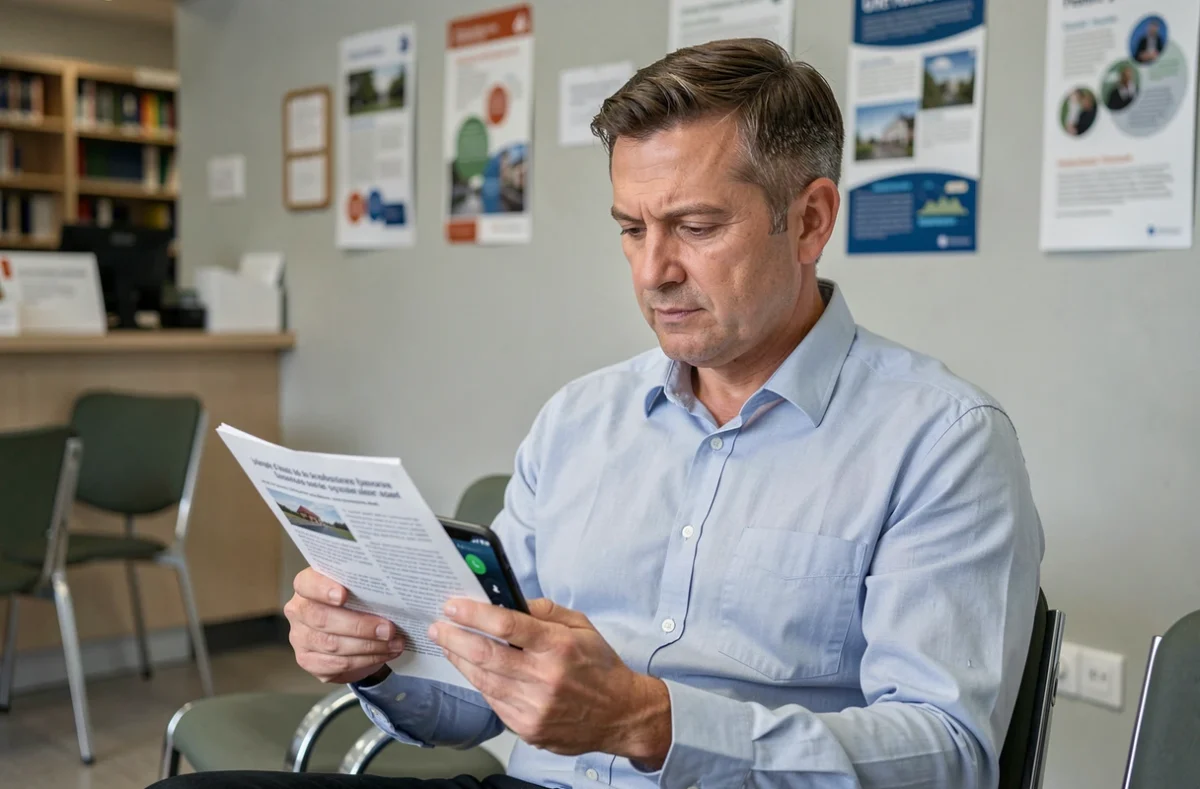 Homme consultant une brochure Pôle emploi et son téléphone dans une salle d'attente administrative