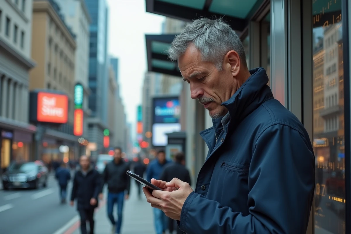 Homme regardant son smartphone près d’un arrêt de bus urbain