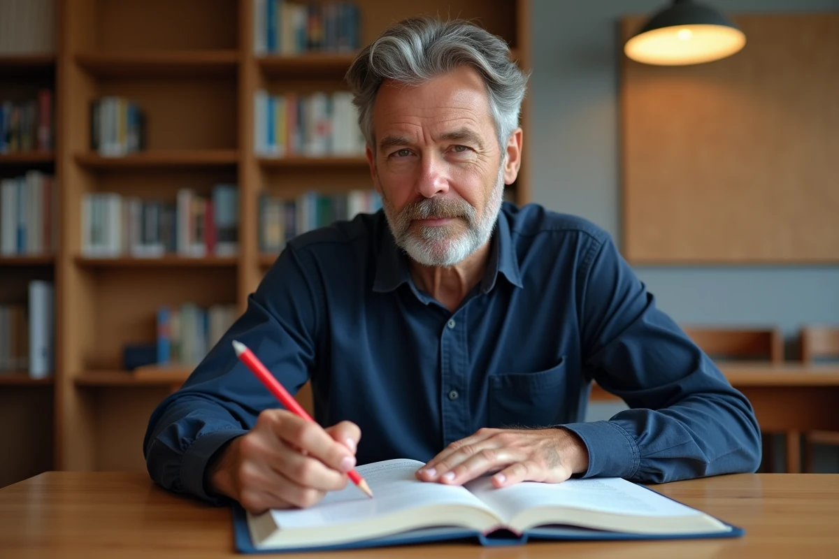 Homme adulte consultant un manuel de grammaire française dans une bibliothèque, illustrant l'apprentissage de l'accord du participe passé mis