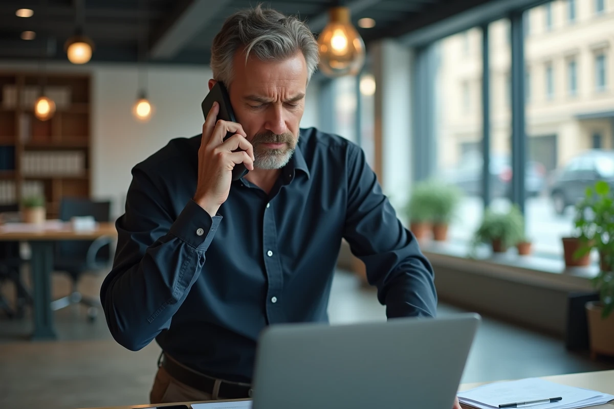 Homme d'affaires méfiant examinant un appel entrant sur son smartphone dans un bureau moderne