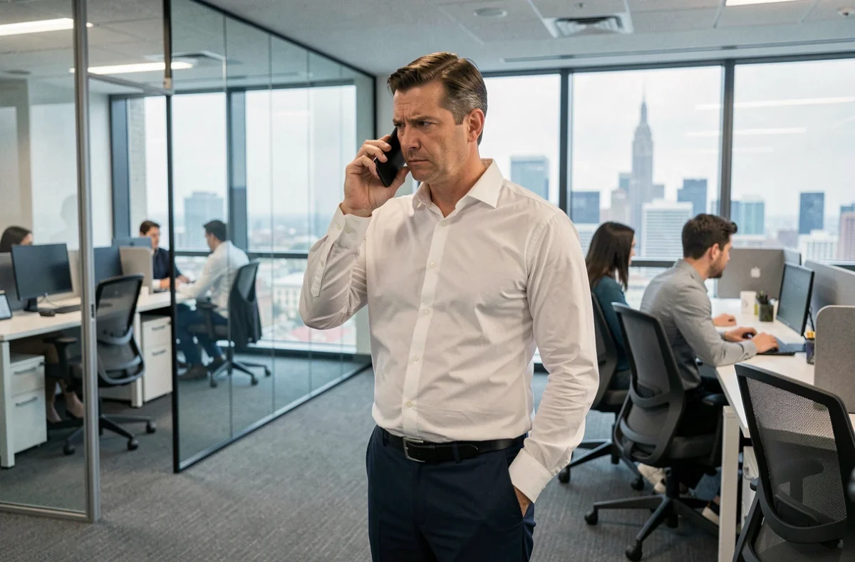 Homme en bureau vérifiant un appel suspect sur son téléphone, illustrant la protection de la vie privée en milieu professionnel