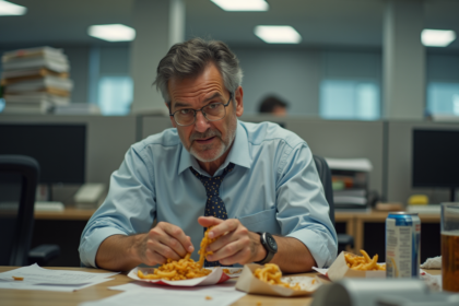 Homme d'âge moyen mangeant un fast-food au bureau