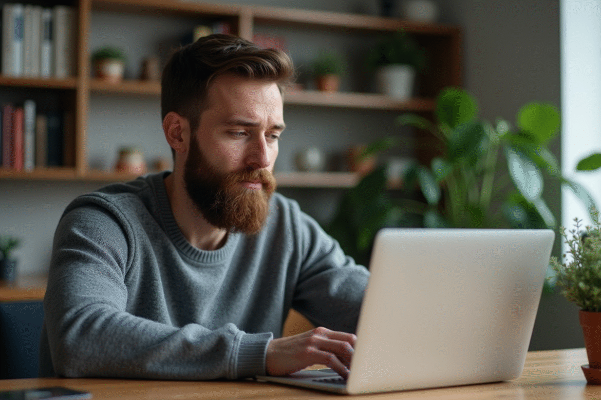Homme concentré utilisant une application VPN dans son bureau