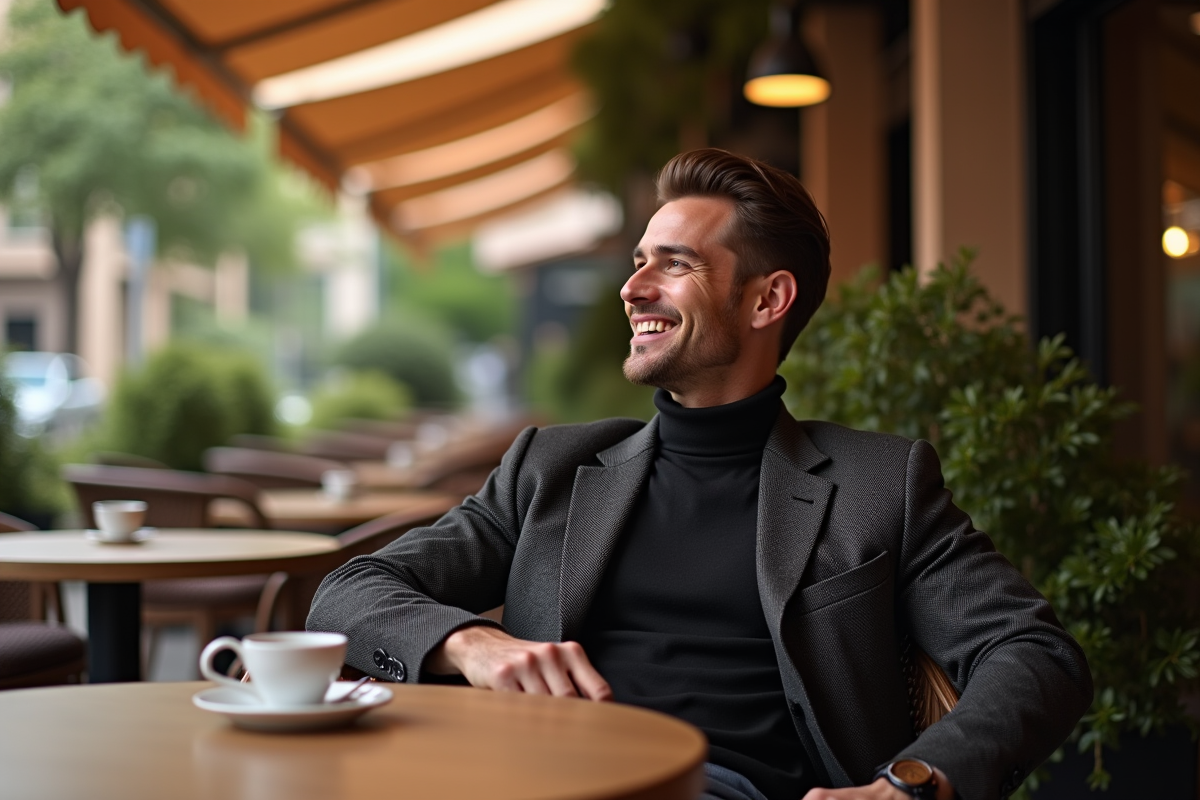 Homme souriant en tenue élégante au café en plein air