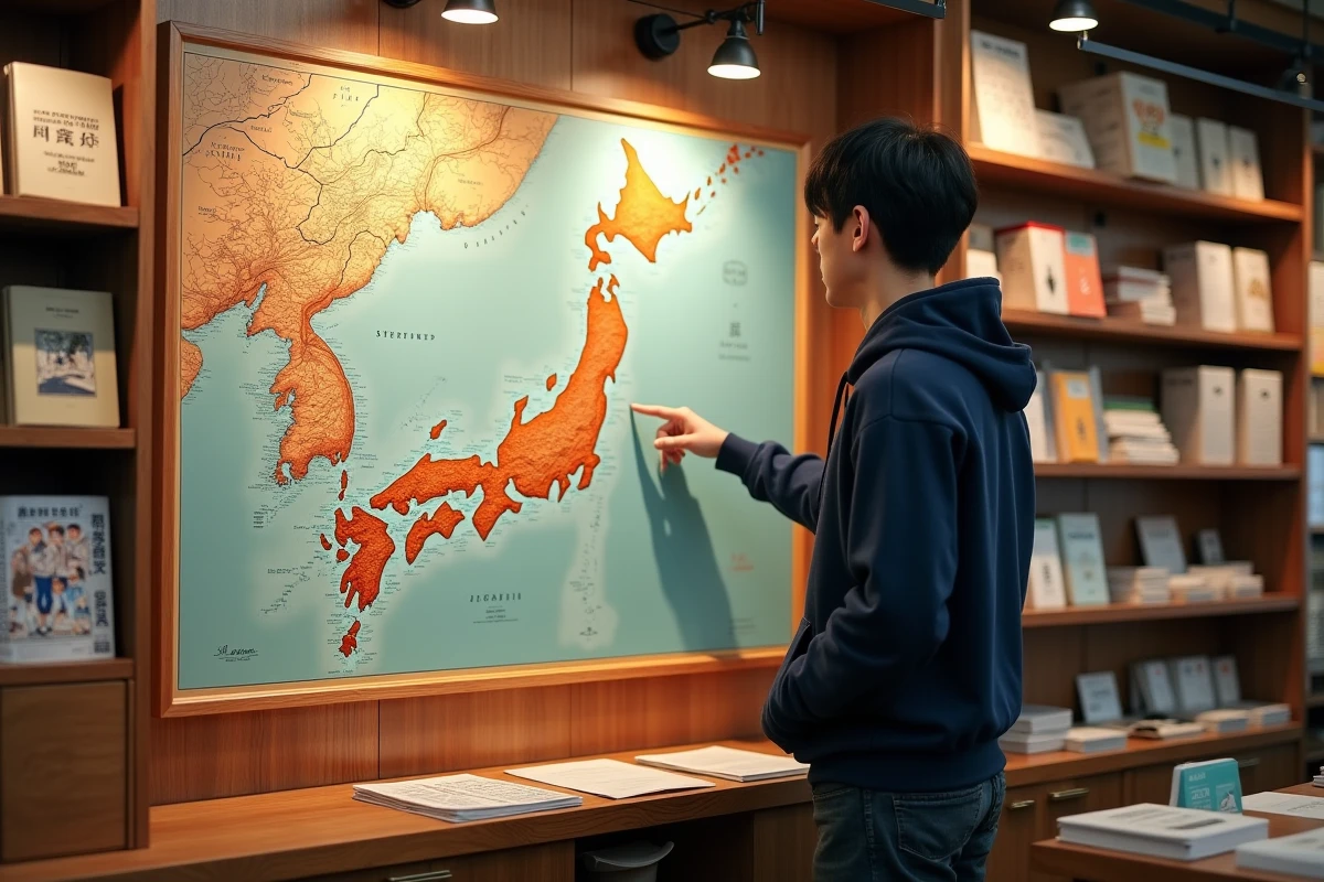 Homme cherchant une ville japonaise de 5 lettres sur une carte vintage dans une papeterie de Tokyo