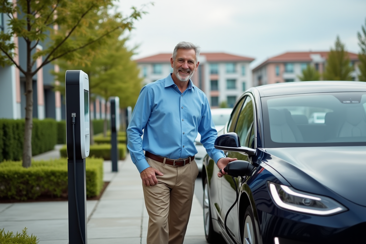 Homme branchant une voiture électrique dans un parking