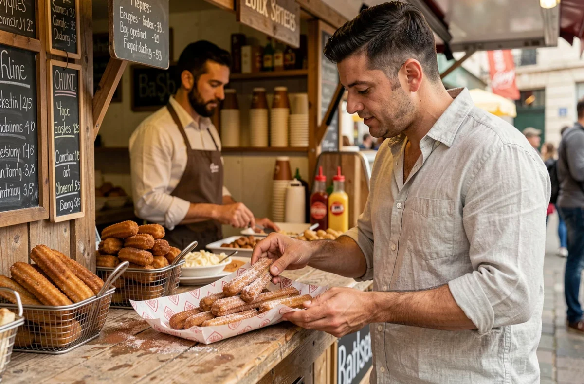 Homme savourant des churros à un stand de nourriture de la fête foraine de Marseille