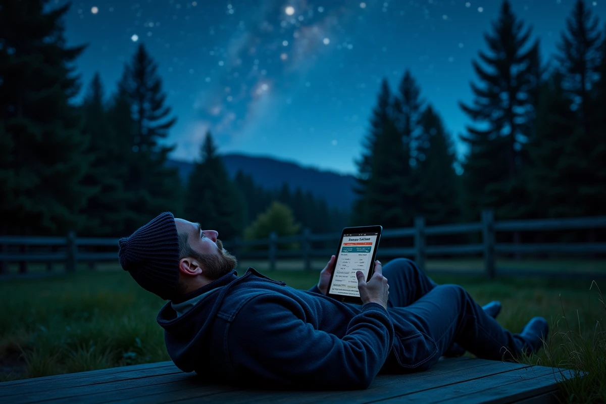 Homme allongé dehors comparant des noms d'étoiles sur une tablette sous un ciel étoilé nocturne