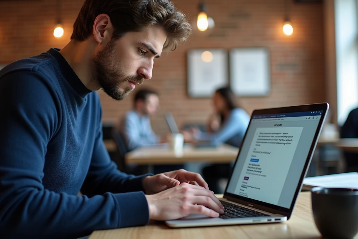 Homme en pull marine comparant des polices de caractères sur un écran d'ordinateur portable pour optimiser son CV