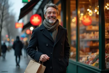 Homme souriant avec sac en ville en hiver