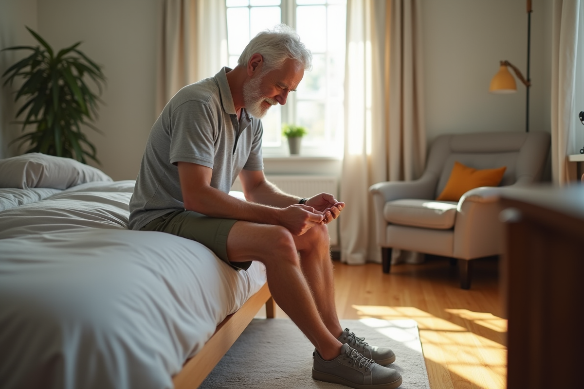 Homme âgé examinant la plante de son pied à la maison