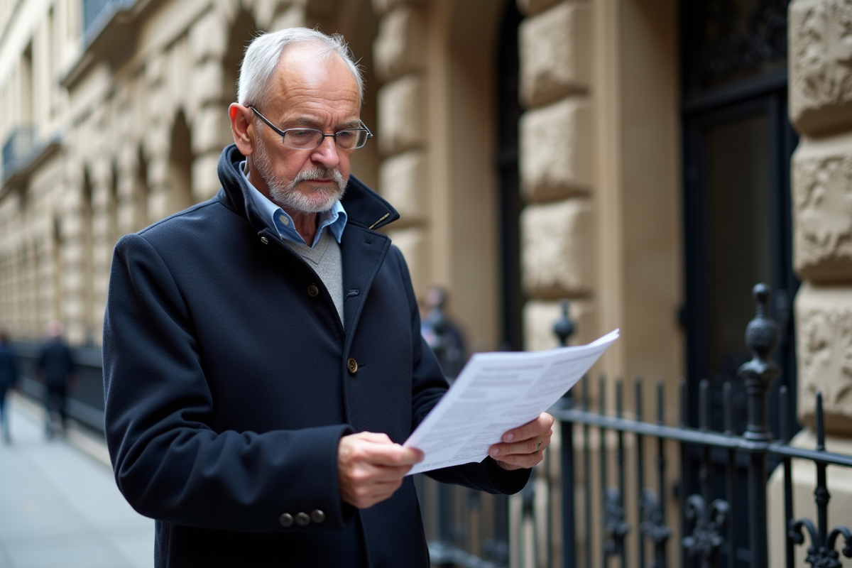 Homme français examinant un relevé financier devant une banque