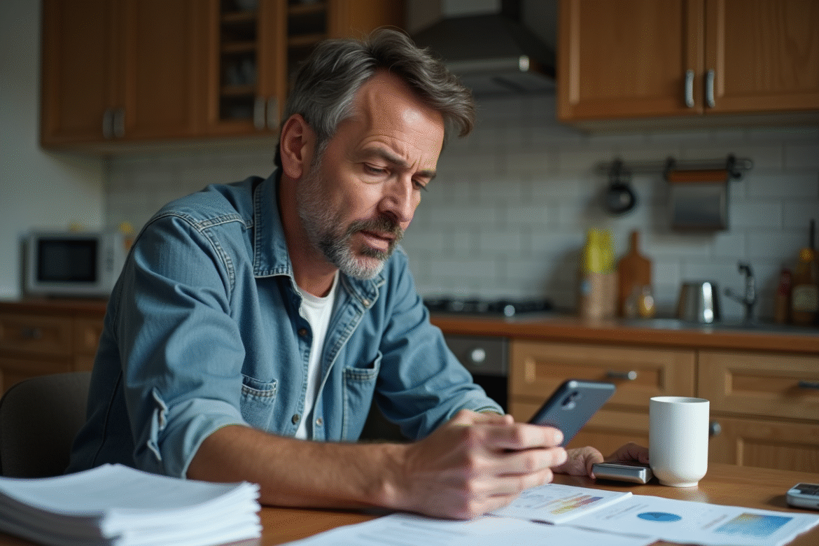 Homme d'âge moyen frustré regardant son smartphone et papiers