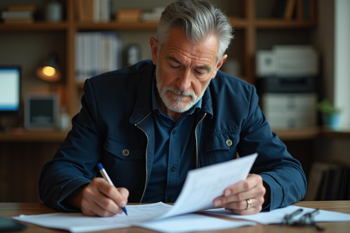 Homme d'âge moyen vérifiant ses reçus de carburant dans son bureau