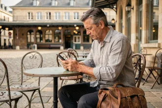 Homme consultant ses horaires de prière sur smartphone à une terrasse de café près d'une gare à Nantes